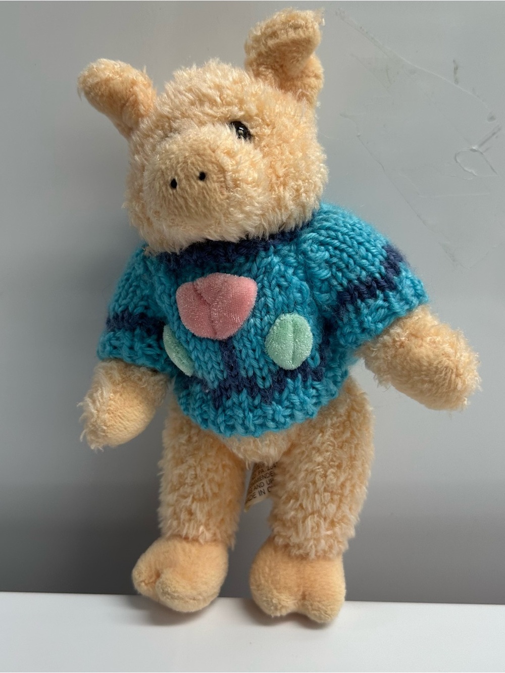 1988 Chrisha Playful Plush Pig Pink Knitted Sweater Stuffed Animal 9" Jointed